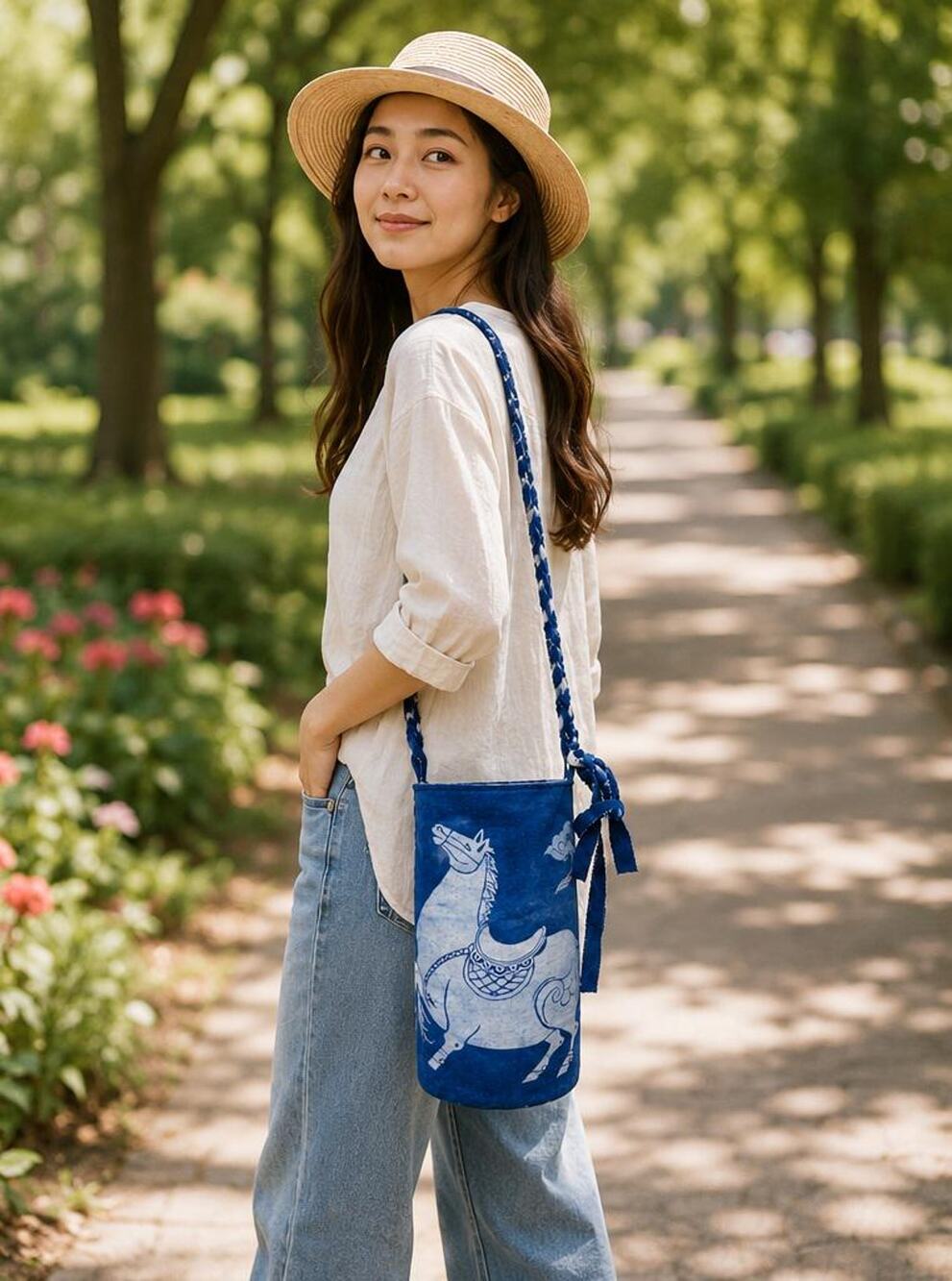 Handmade Cotton Bucket Bag | Indigo Batik Crossbody Bag | Lucky Horse